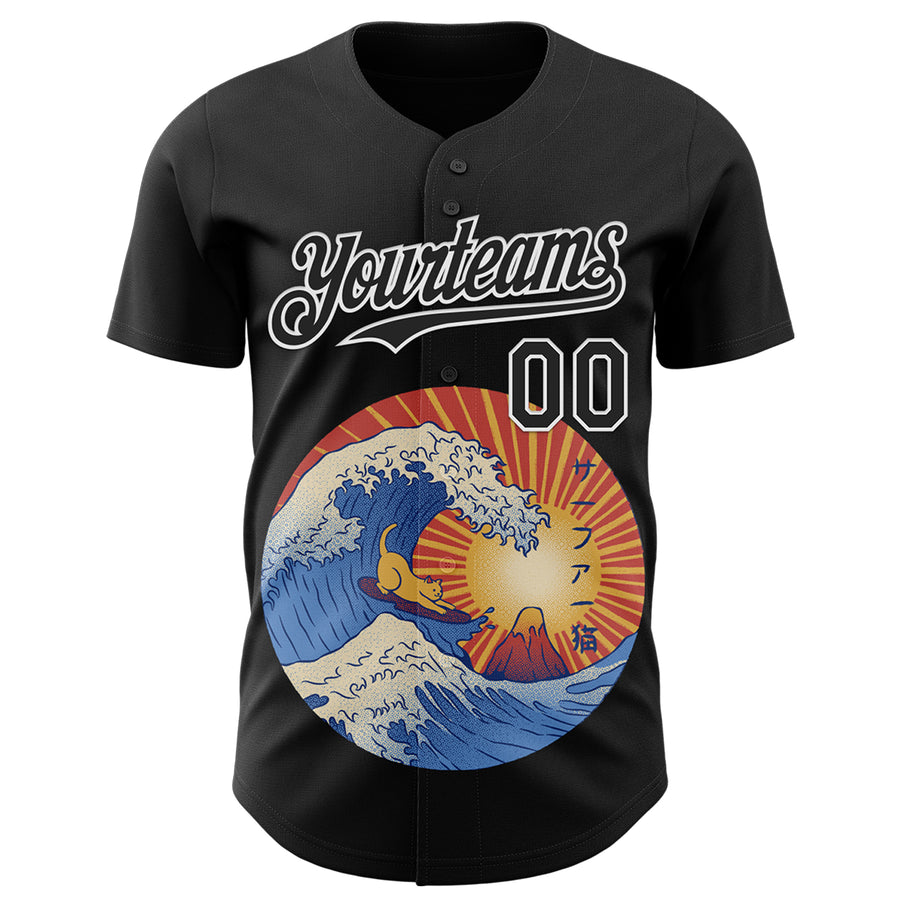 Custom Black Black-White 3D Tobe Fonseca Kanagawa Wave Surfing Cat Authentic Baseball Jersey