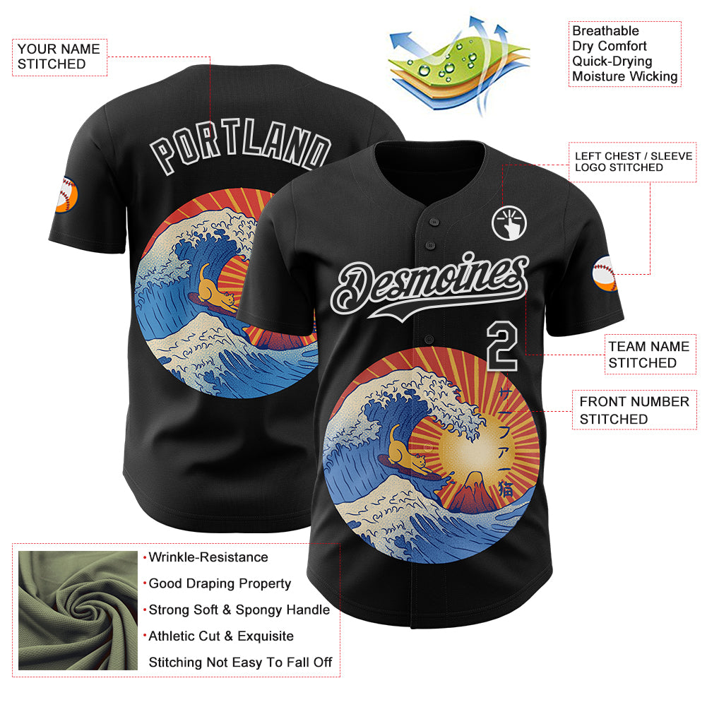 Custom Black Black-White 3D Tobe Fonseca Kanagawa Wave Surfing Cat Authentic Baseball Jersey