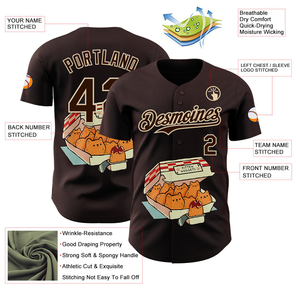 Custom Brown Brown-City Cream 3D Tobe Fonseca Kitten Nuggets Fast Food Cat Authentic Baseball Jersey