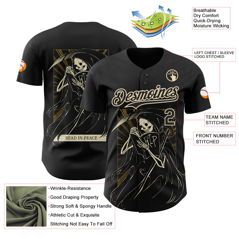 Custom Black Black-Cream 3D Tobe Fonseca Read in Peace Death Book Reader Authentic Baseball Jersey