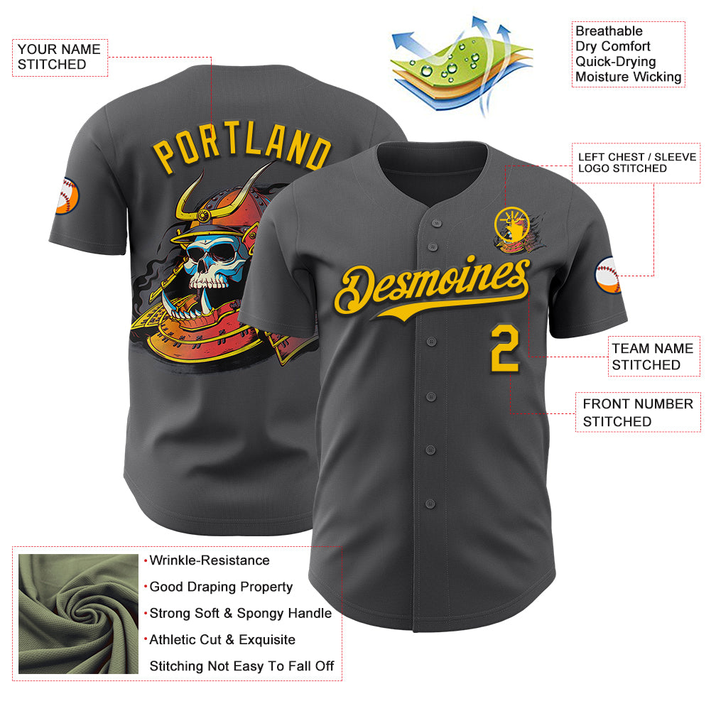 Custom Steel Gray Yellow-Black 3D Tobe Fonseca Samurai Skull Japanese Authentic Baseball Jersey