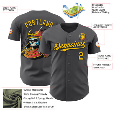 Custom Steel Gray Yellow-Black 3D Tobe Fonseca Samurai Skull Japanese Authentic Baseball Jersey
