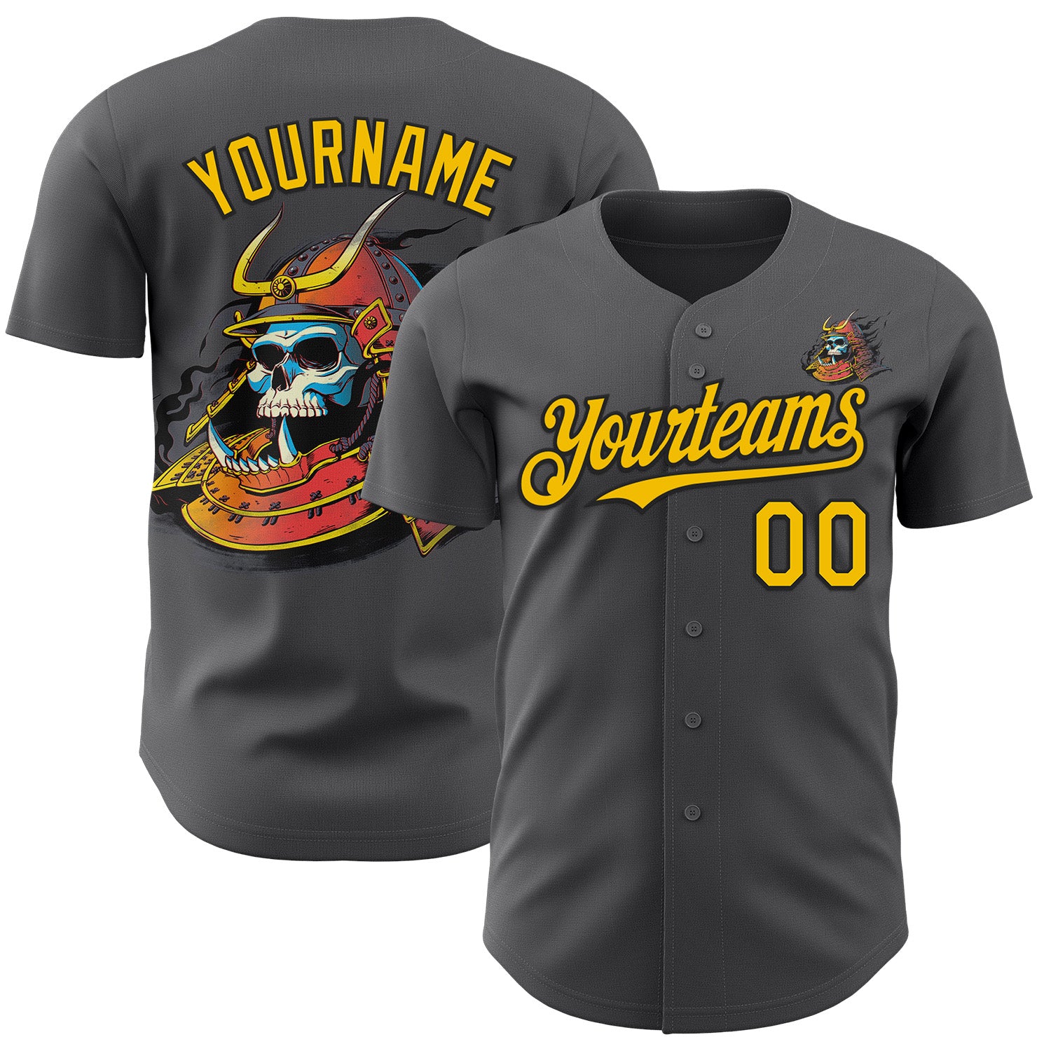 Custom Steel Gray Yellow-Black 3D Tobe Fonseca Samurai Skull Japanese Authentic Baseball Jersey