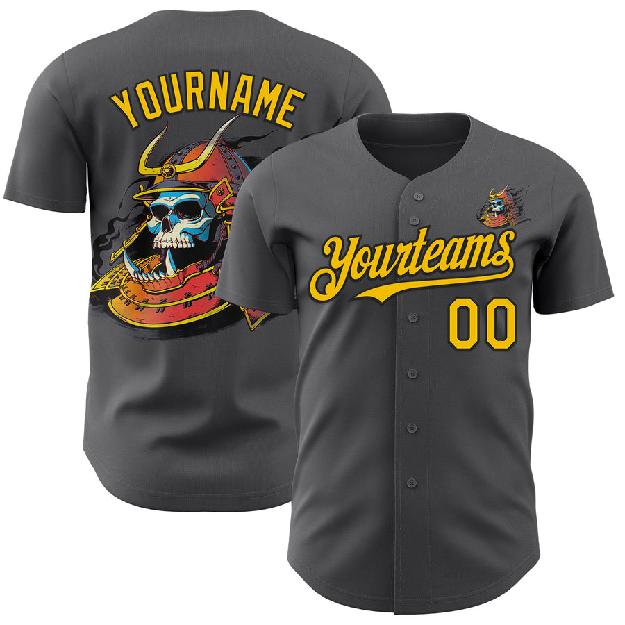 Custom Steel Gray Yellow-Black 3D Tobe Fonseca Samurai Skull Japanese Authentic Baseball Jersey