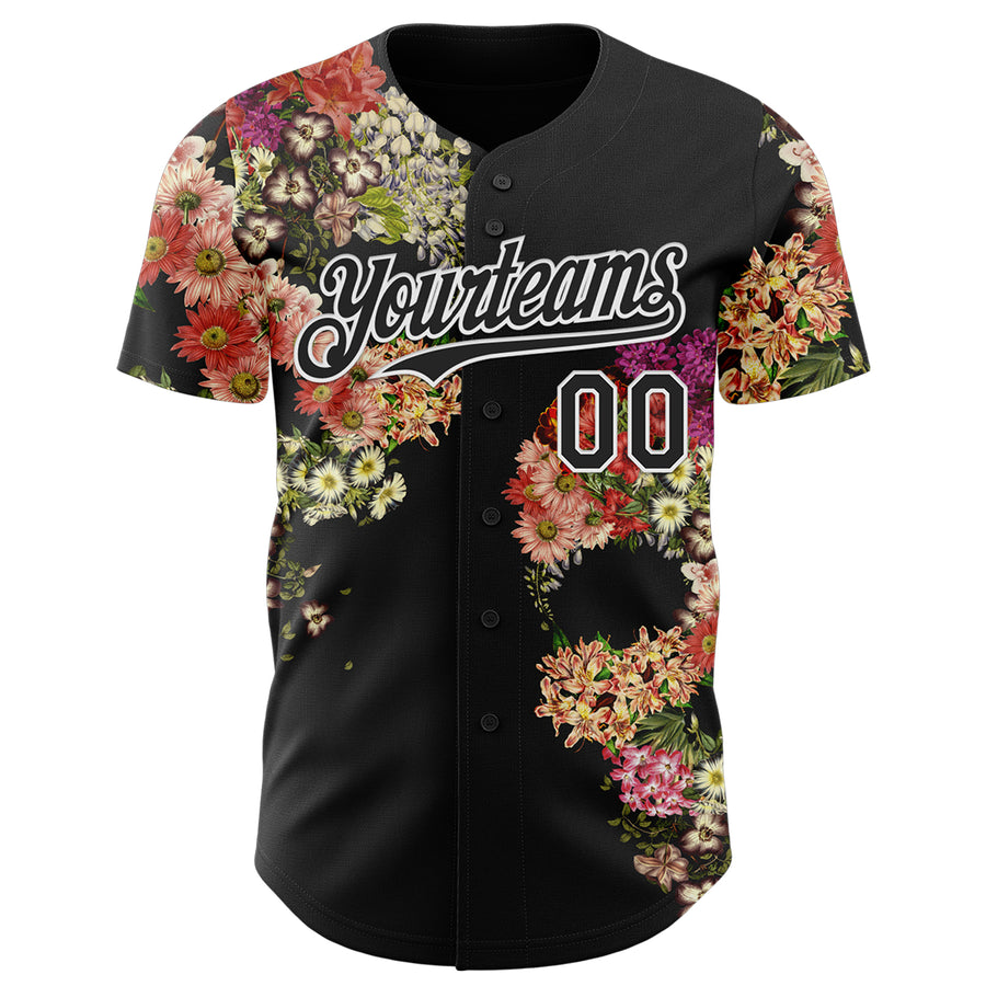 Custom Black Black-White 3D Tobe Fonseca Skull Floral Decay Authentic Baseball Jersey