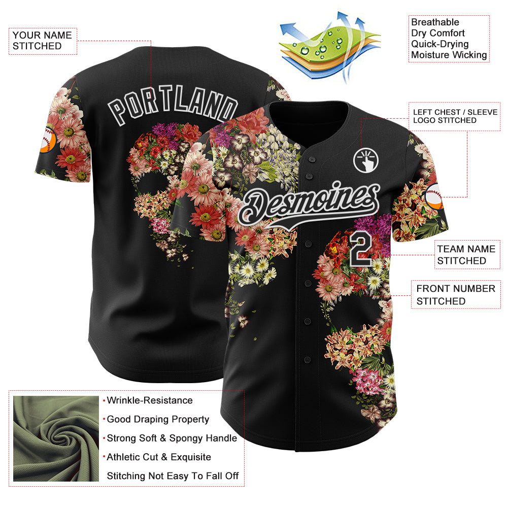 Custom Black Black-White 3D Tobe Fonseca Skull Floral Decay Authentic Baseball Jersey