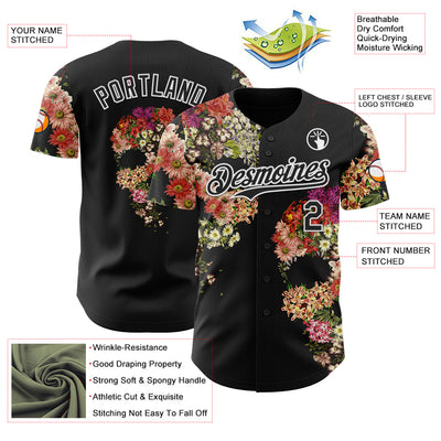 Custom Black Black-White 3D Tobe Fonseca Skull Floral Decay Authentic Baseball Jersey