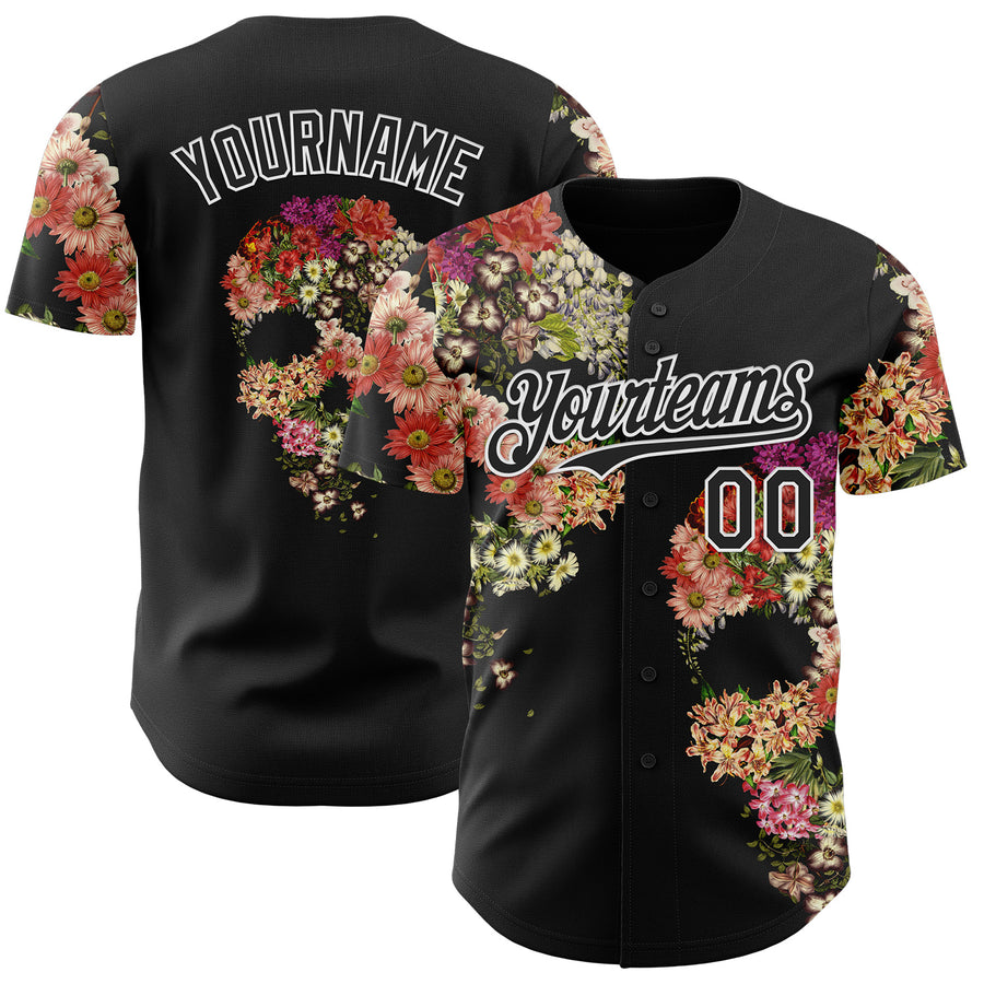 Custom Black Black-White 3D Tobe Fonseca Skull Floral Decay Authentic Baseball Jersey