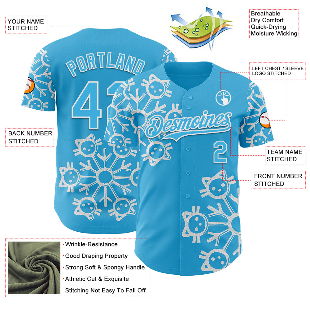 Custom Sky Blue Sky Blue-White 3D Tobe Fonseca Snowflake Cat Winter Authentic Baseball Jersey