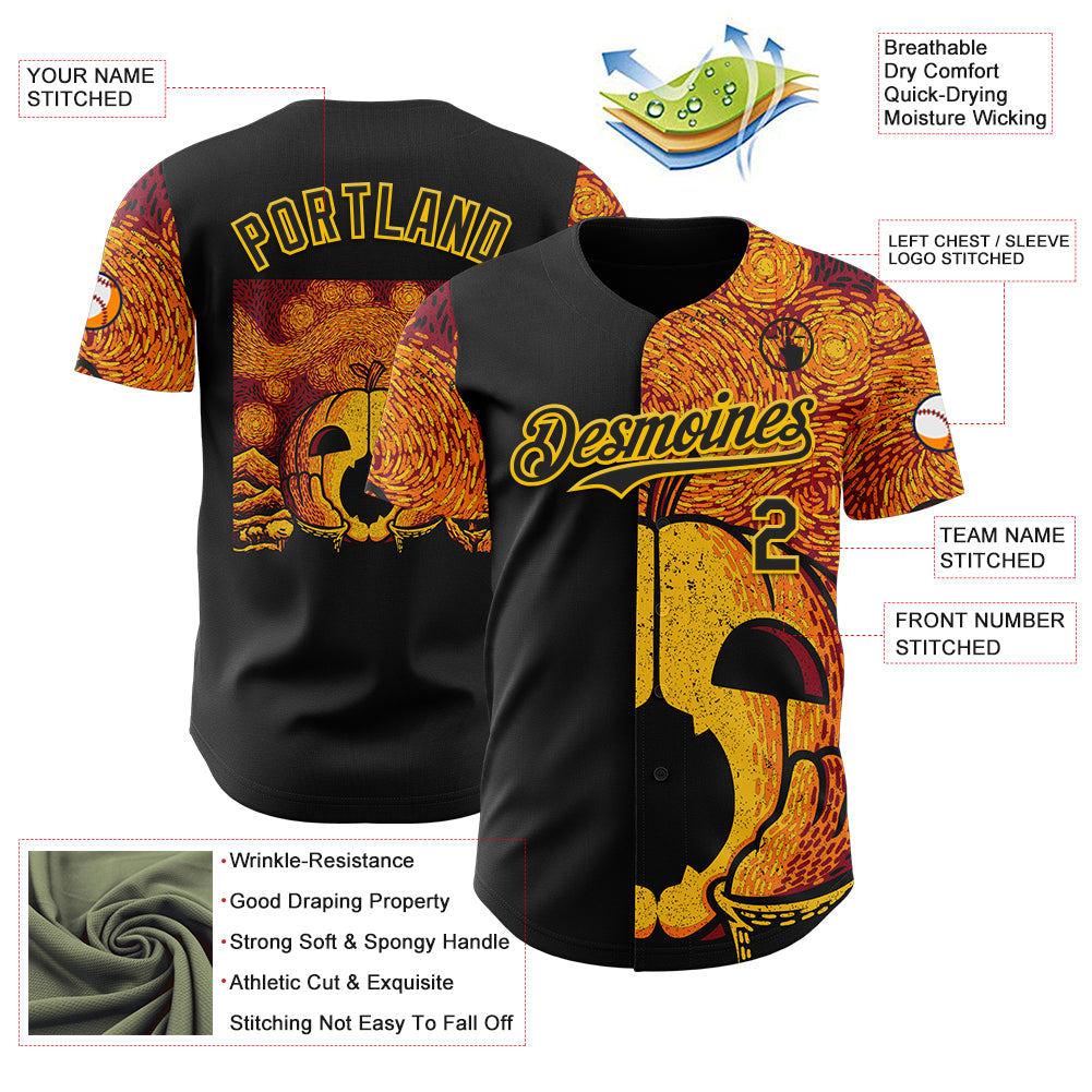 Custom Black Black-Yellow 3D Tobe Fonseca The Starry Halloween Night Authentic Baseball Jersey