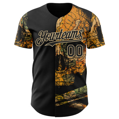 Custom Black Black-Vegas Gold 3D Tobe Fonseca Treasure Map Skull Authentic Baseball Jersey