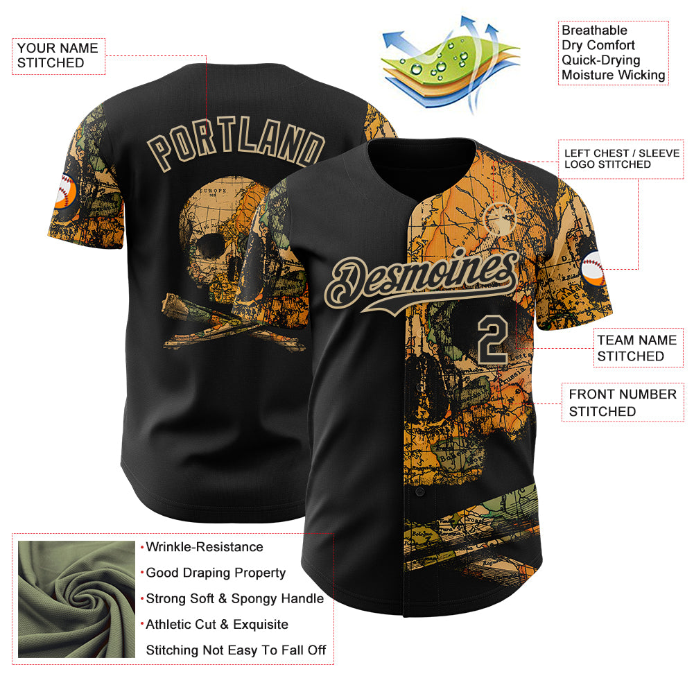 Custom Black Black-Vegas Gold 3D Tobe Fonseca Treasure Map Skull Authentic Baseball Jersey