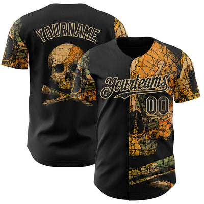Custom Black Black-Vegas Gold 3D Tobe Fonseca Treasure Map Skull Authentic Baseball Jersey