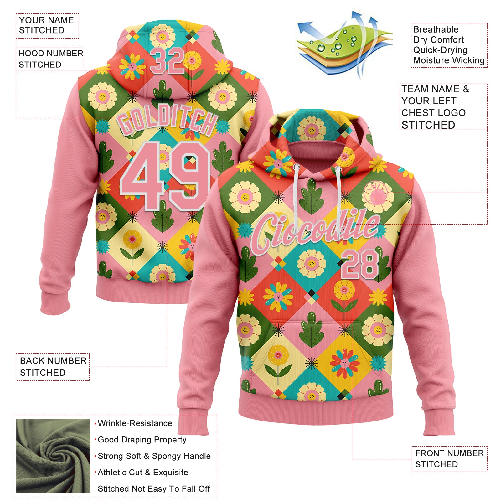 Custom Stitched Medium Pink White 3D Ambartive Checkered Flower Pattern Sports Pullover Sweatshirt Hoodie