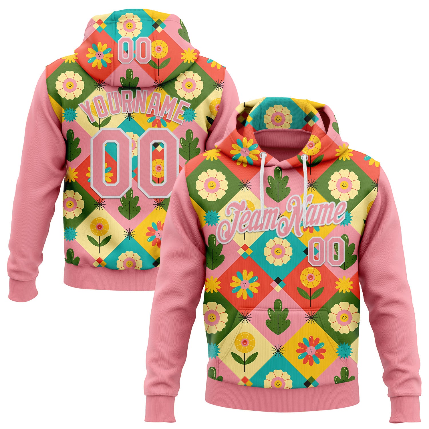 Custom Stitched Medium Pink White 3D Ambartive Checkered Flower Pattern Sports Pullover Sweatshirt Hoodie