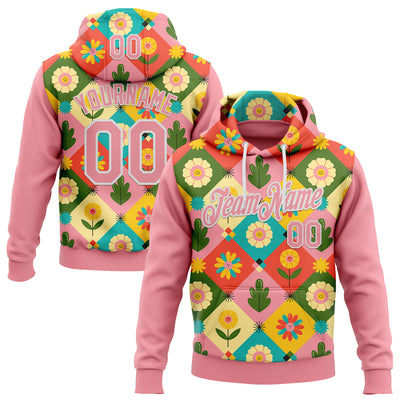 Custom Stitched Medium Pink White 3D Ambartive Checkered Flower Pattern Sports Pullover Sweatshirt Hoodie