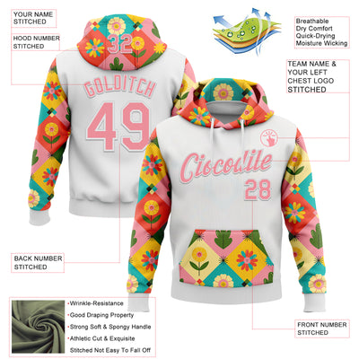 Custom Stitched White Medium Pink 3D Ambartive Checkered Flower Pattern Sports Pullover Sweatshirt Hoodie