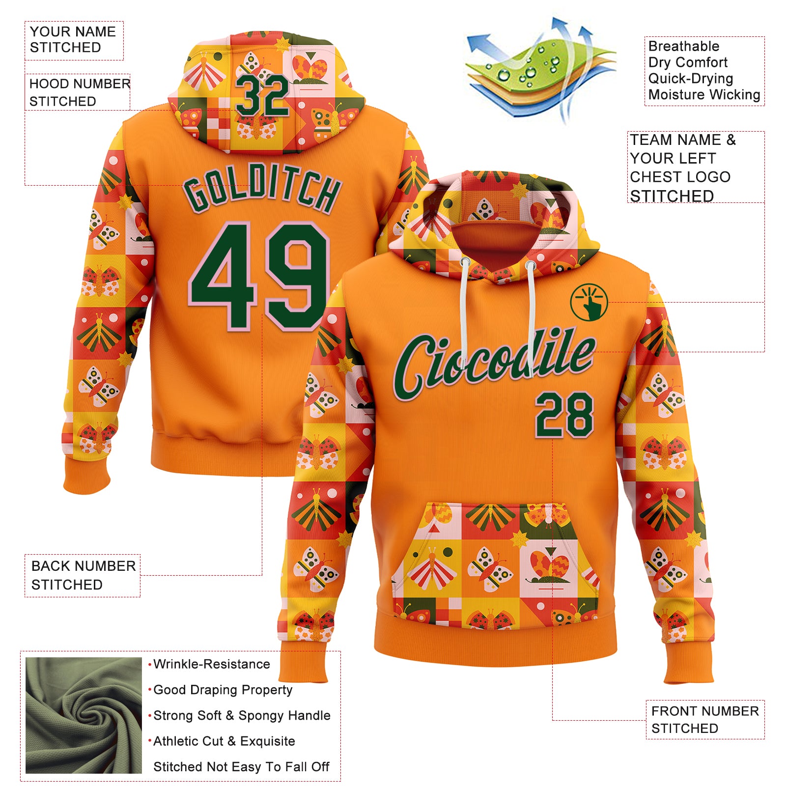 Custom Stitched Bay Orange Green-Light Pink 3D Ambartive Checkered Butterfly Pattern Sports Pullover Sweatshirt Hoodie