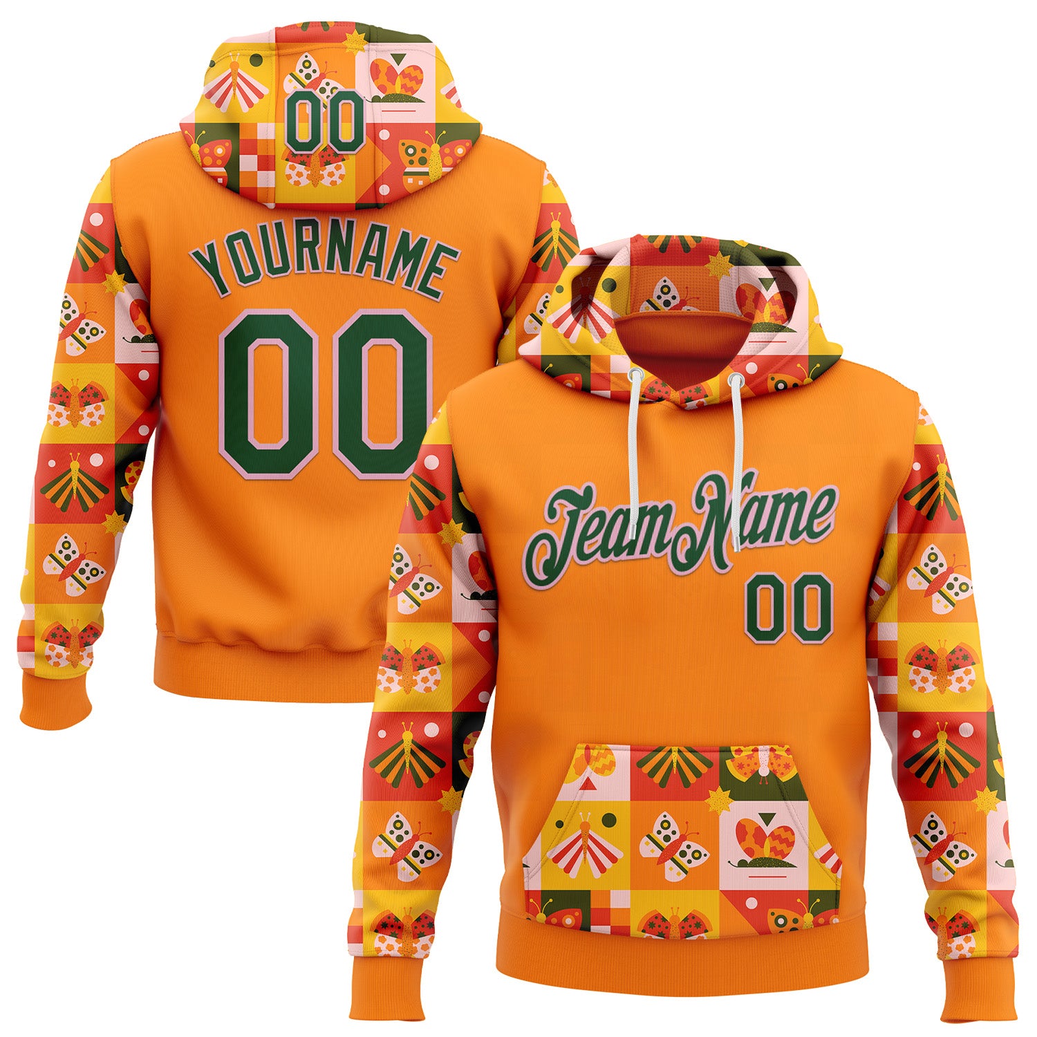 Custom Stitched Bay Orange Green-Light Pink 3D Ambartive Checkered Butterfly Pattern Sports Pullover Sweatshirt Hoodie