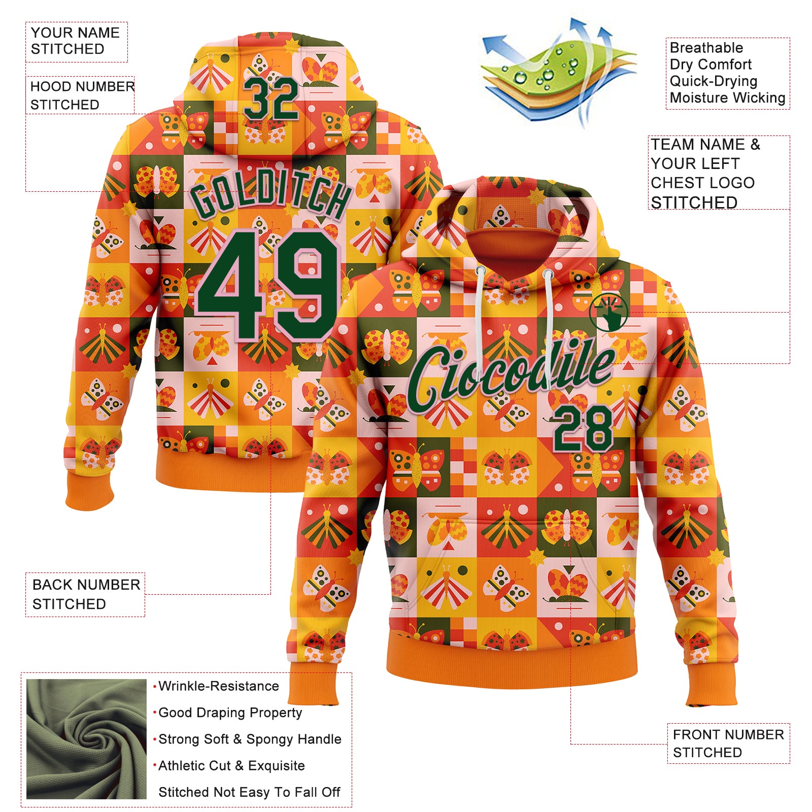 Custom Stitched Bay Orange Green-Light Pink 3D Ambartive Checkered Butterfly Pattern Sports Pullover Sweatshirt Hoodie