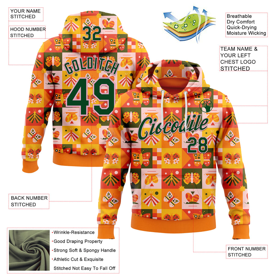 Custom Stitched Bay Orange Green-Light Pink 3D Ambartive Checkered Butterfly Pattern Sports Pullover Sweatshirt Hoodie