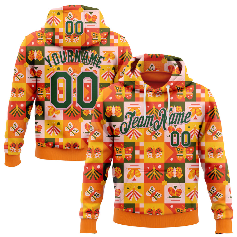 Custom Stitched Bay Orange Green-Light Pink 3D Ambartive Checkered Butterfly Pattern Sports Pullover Sweatshirt Hoodie