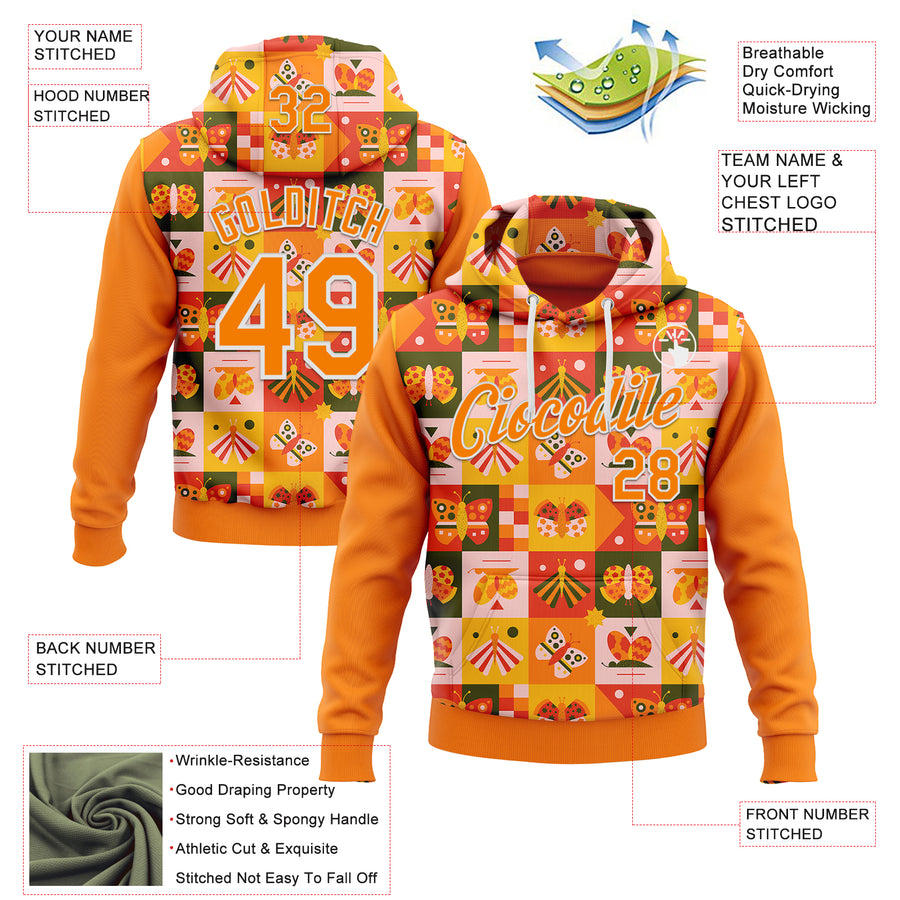 Custom Stitched Bay Orange White 3D Ambartive Checkered Butterfly Pattern Sports Pullover Sweatshirt Hoodie