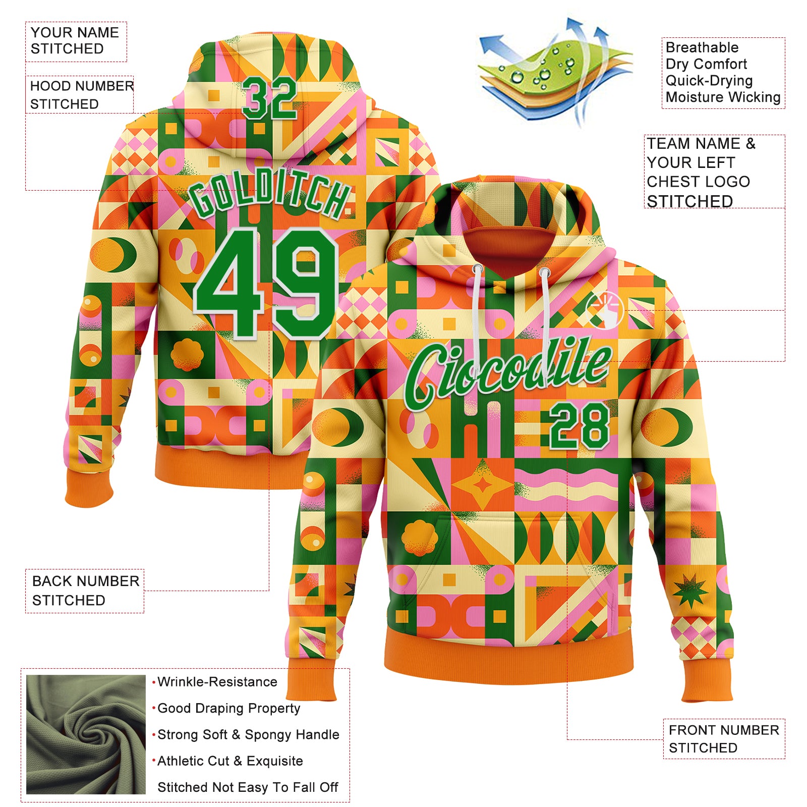 Custom Stitched Bay Orange Grass Green-White 3D Ambartive Abstract Geometric Pattern Sports Pullover Sweatshirt Hoodie