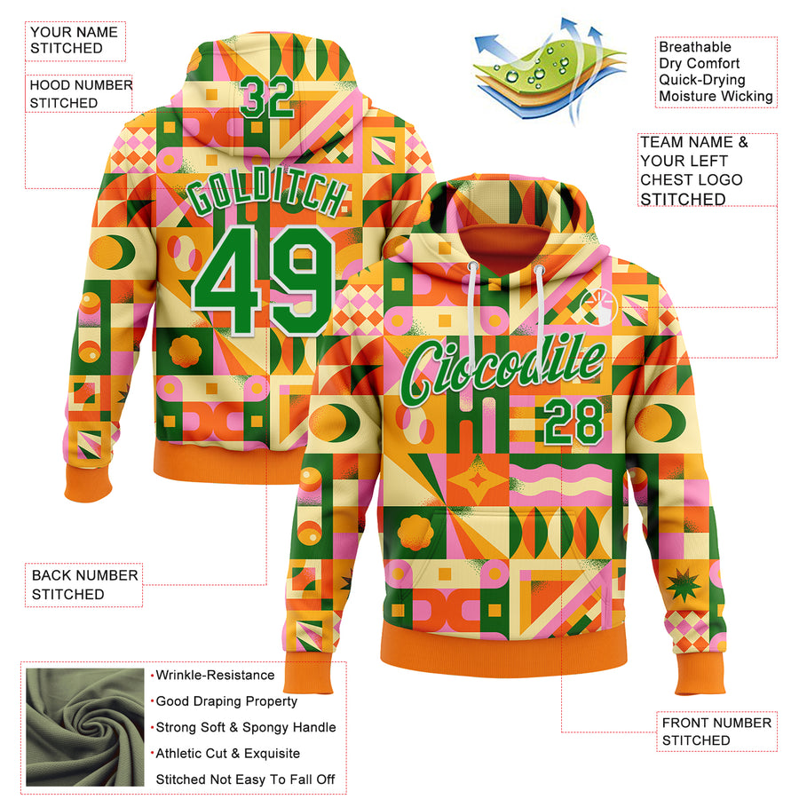 Custom Stitched Bay Orange Grass Green-White 3D Ambartive Abstract Geometric Pattern Sports Pullover Sweatshirt Hoodie