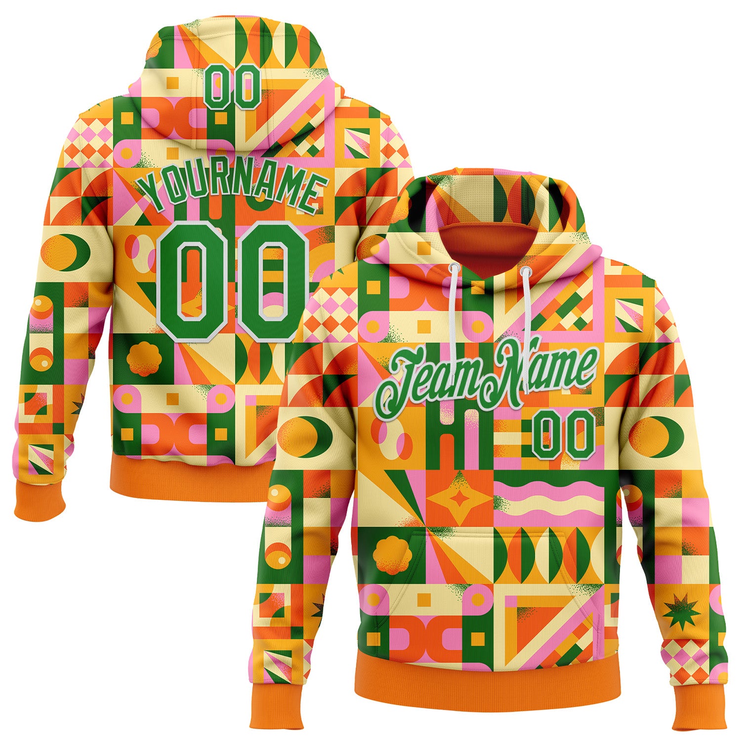 Custom Stitched Bay Orange Grass Green-White 3D Ambartive Abstract Geometric Pattern Sports Pullover Sweatshirt Hoodie