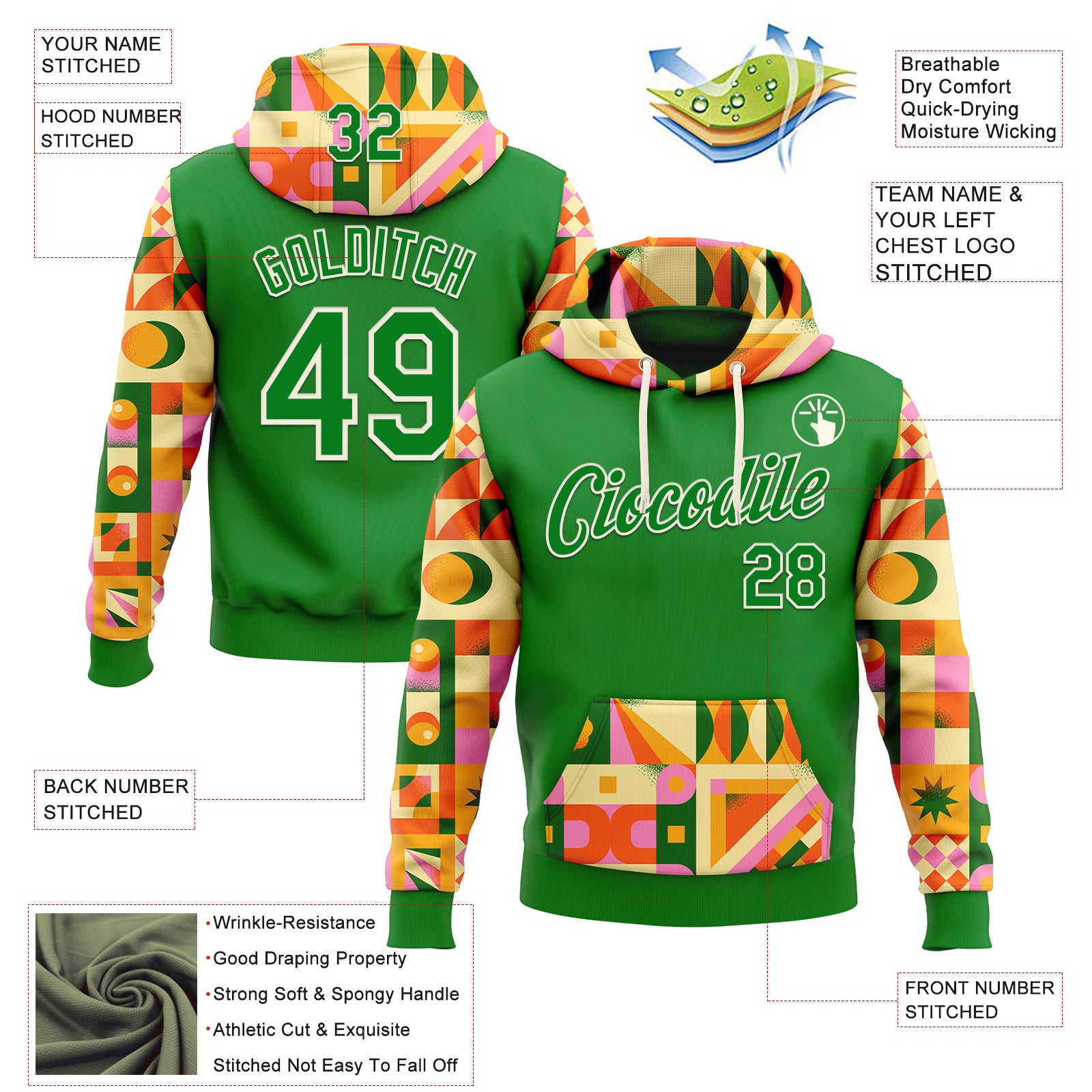 Custom Stitched Grass Green Cream 3D Ambartive Abstract Geometric Pattern Sports Pullover Sweatshirt Hoodie