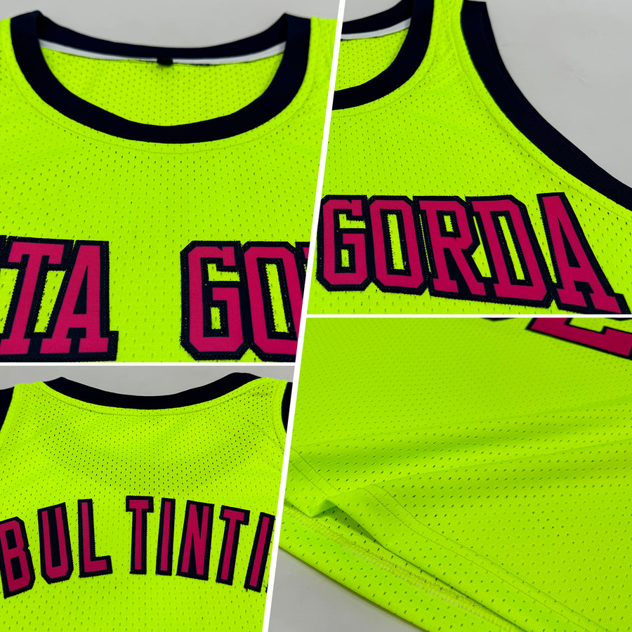 Custom Neon Green Pink-Navy Authentic Throwback Basketball Jersey