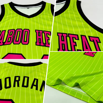 Custom Neon Green White Pinstripe Pink-Black Authentic Basketball Jersey