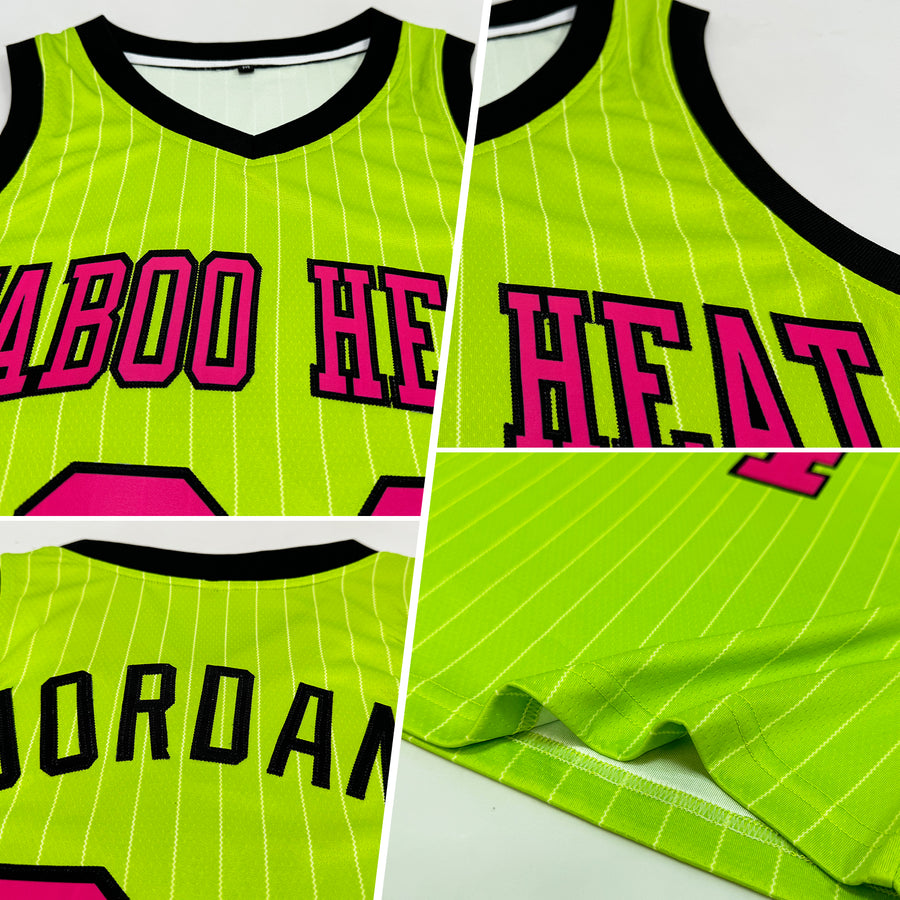 Custom Neon Green White Pinstripe Pink-Black Authentic Basketball Jersey