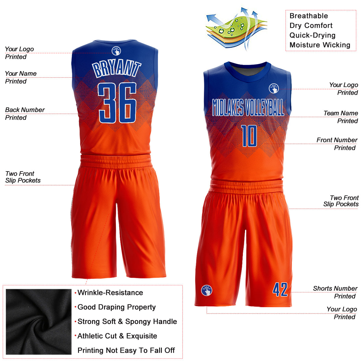 FANSIDEA Custom Basketball Jersey Orange Royal-White Round Neck Sublimation Basketball Suit Jersey Men's Size:M