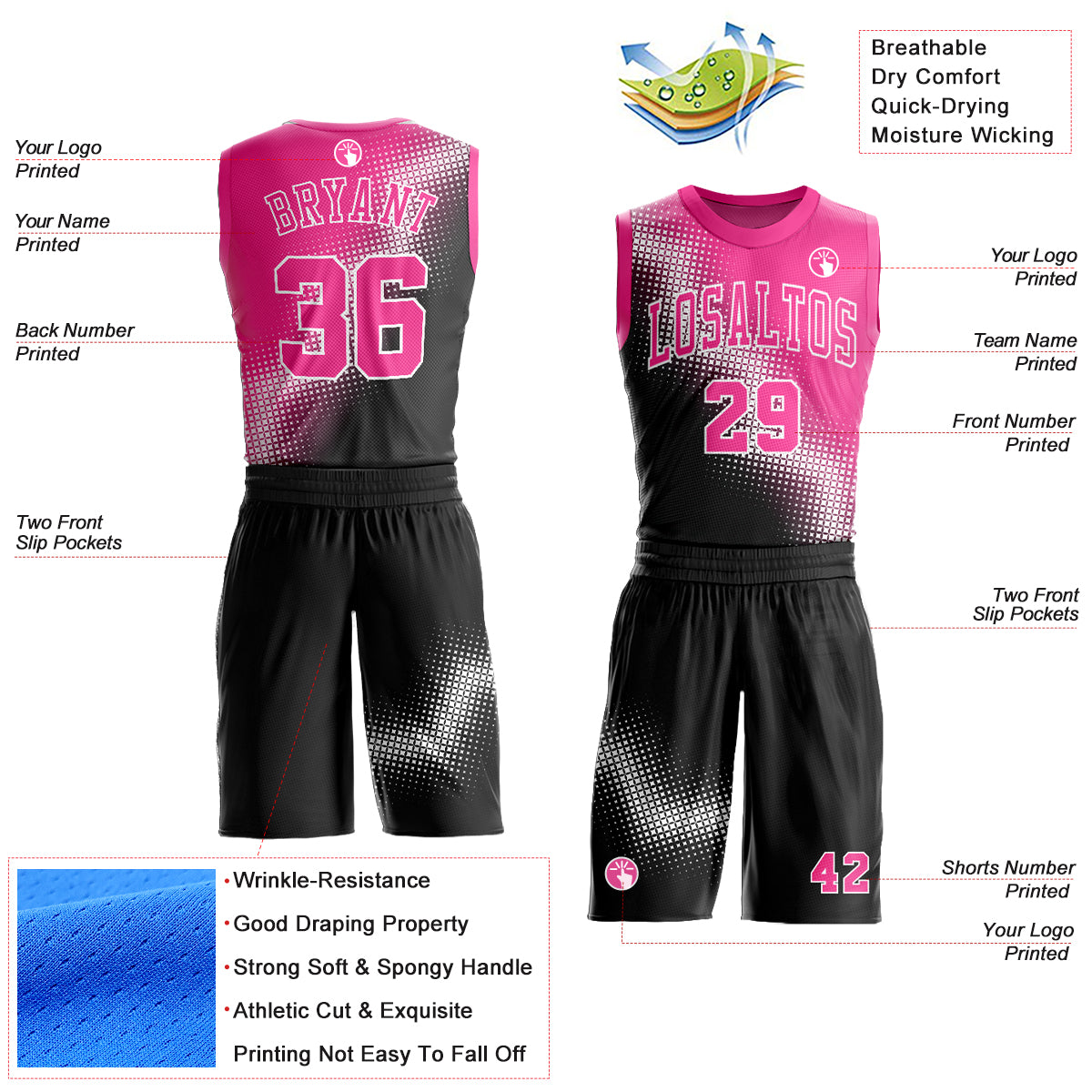 Custom Suit Basketball Suit Jersey Black Pink-White Gradient Two
