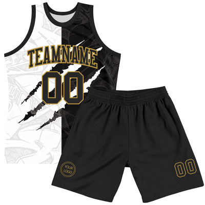 Custom Graffiti Pattern Black Old Gold-White Scratch Round Neck Sublimation Basketball Suit Jersey