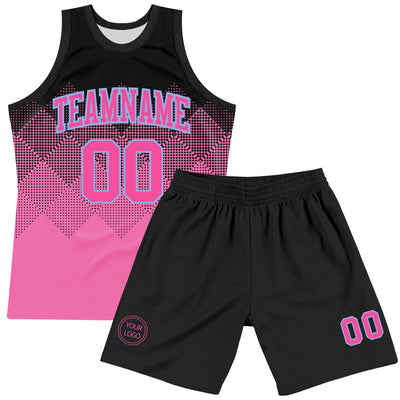 Custom Black Pink-Light Blue Gradient Square Shapes Round Neck Sublimation Basketball Suit Jersey