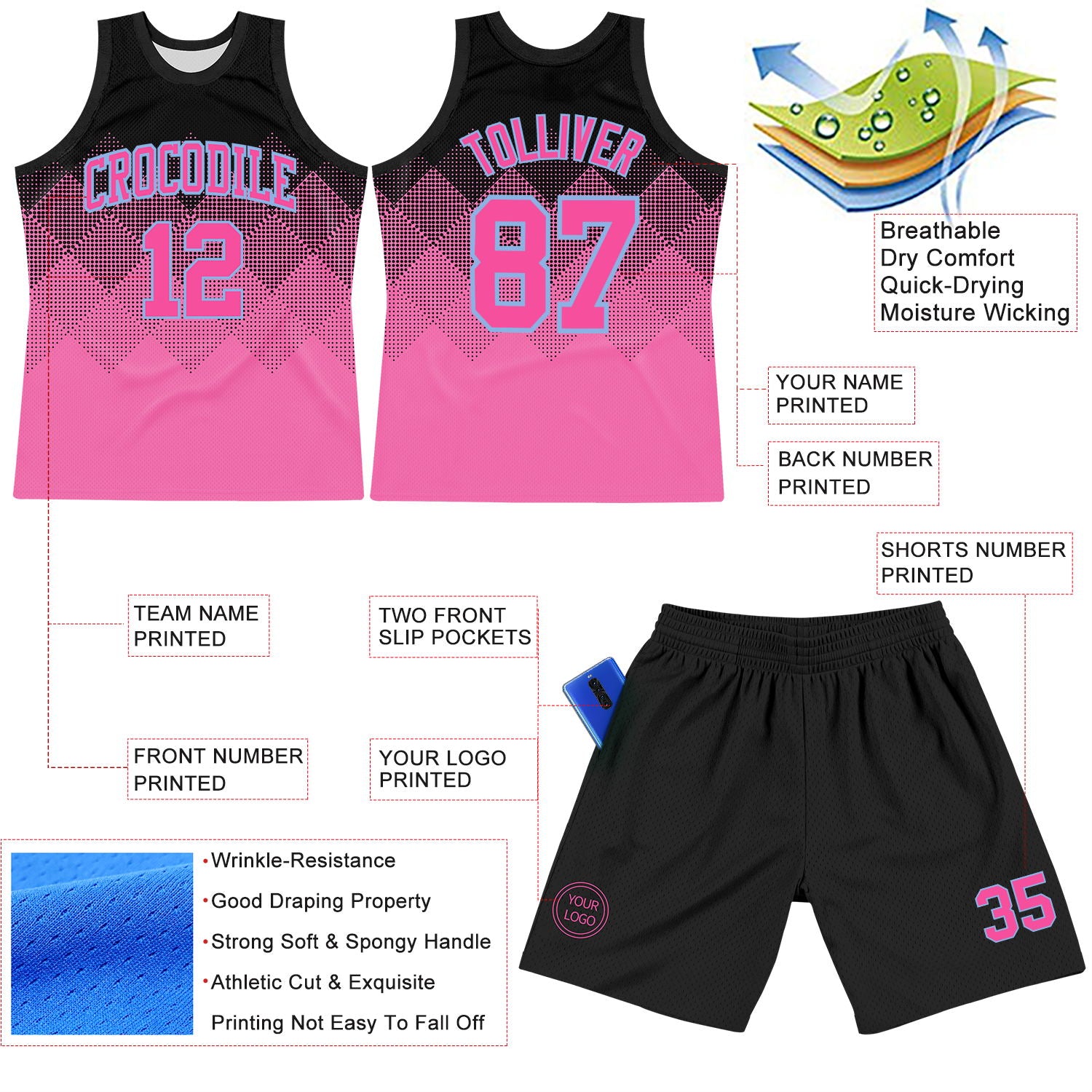 Custom Black Pink-Light Blue Gradient Square Shapes Round Neck Sublimation Basketball Suit Jersey