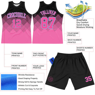 Custom Black Pink-Light Blue Gradient Square Shapes Round Neck Sublimation Basketball Suit Jersey