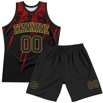 Custom Black Red-Old Gold Splash Round Neck Sublimation Basketball Suit Jersey
