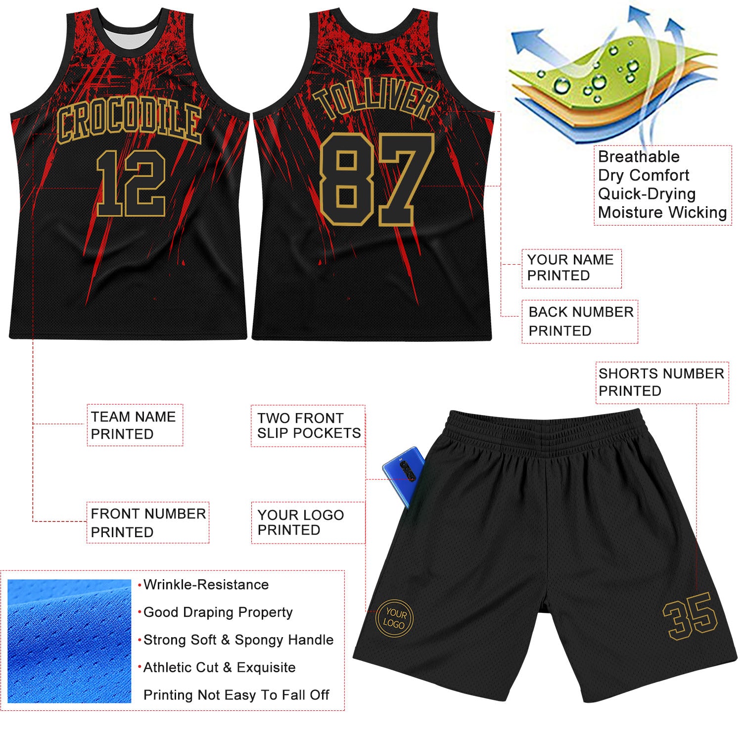 Custom Black Red-Old Gold Splash Round Neck Sublimation Basketball Suit Jersey