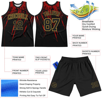 Custom Black Red-Old Gold Splash Round Neck Sublimation Basketball Suit Jersey