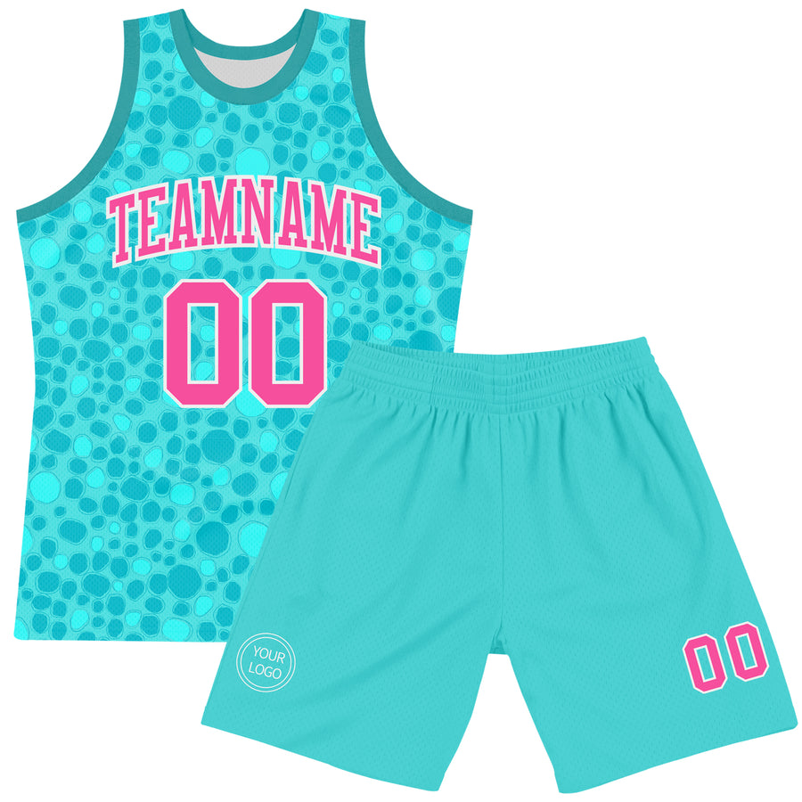 Custom Aqua Pink-White Leopard Print Round Neck Sublimation Basketball Suit Jersey
