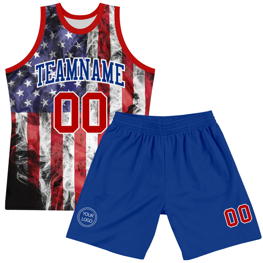 Custom White Red-Royal American Flag Round Neck Sublimation Basketball Suit Jersey