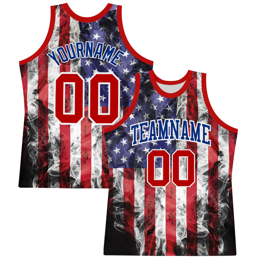 Custom White Red-Royal American Flag Round Neck Sublimation Basketball Suit Jersey