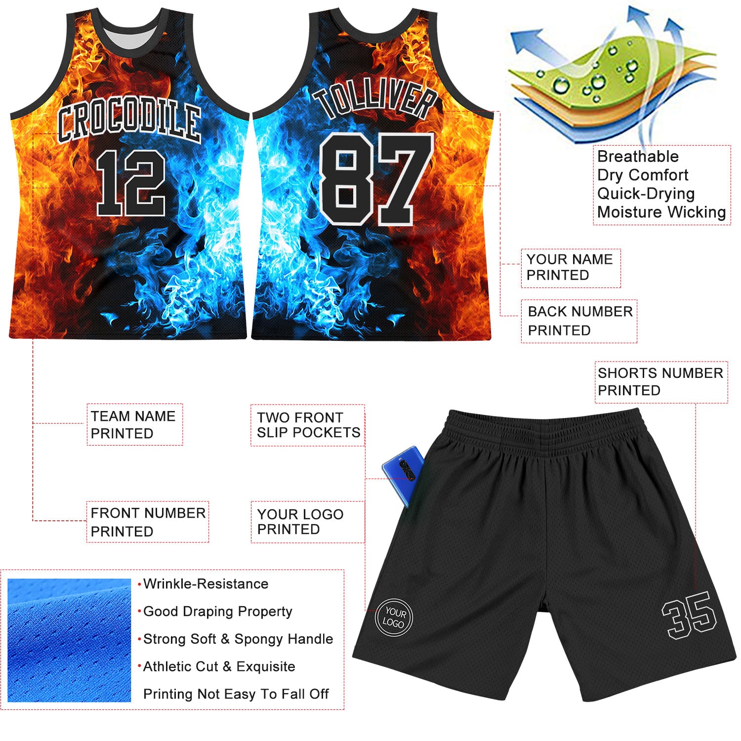 Custom Figure Black-White Flame Round Neck Sublimation Basketball Suit Jersey