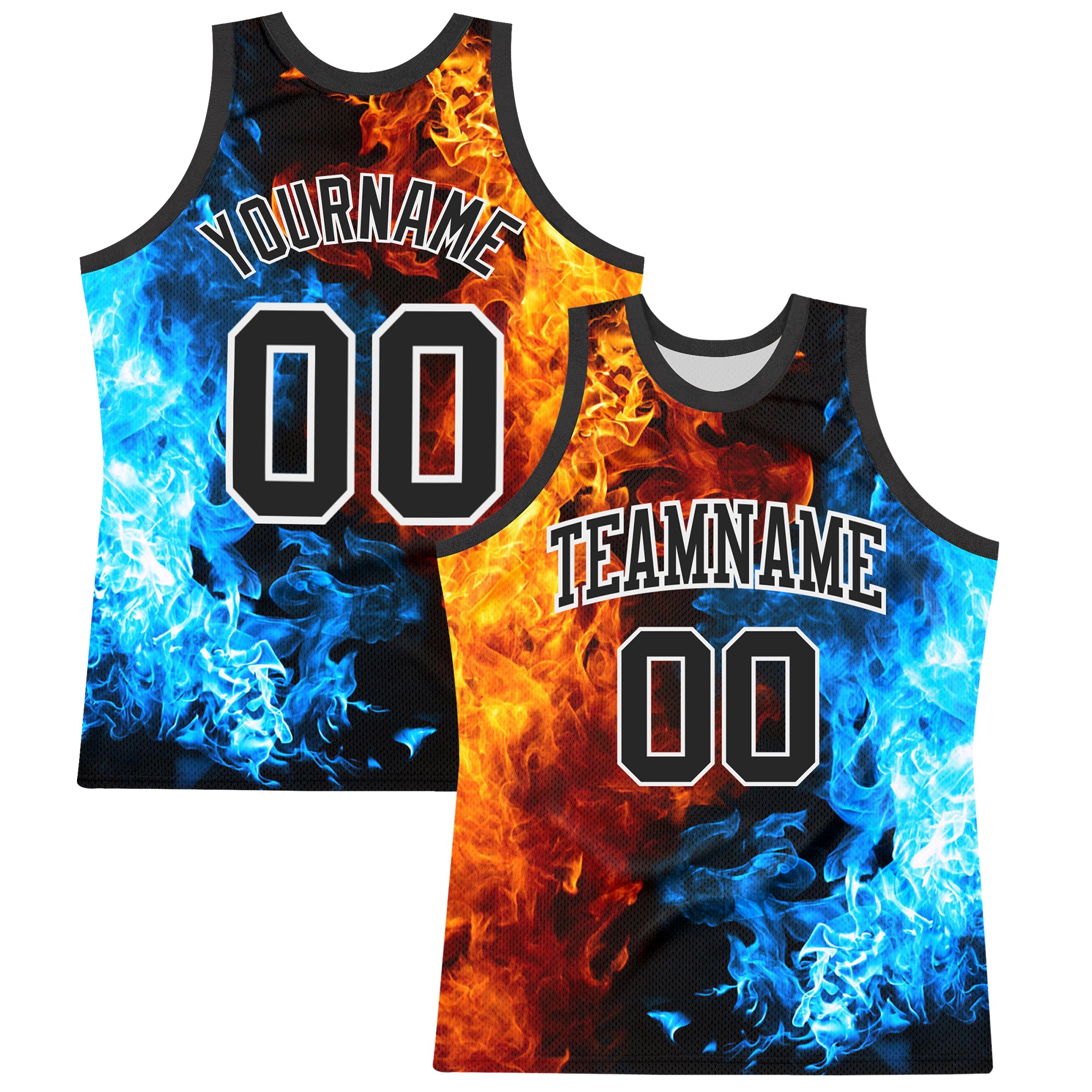 Custom Figure Black-White Flame Round Neck Sublimation Basketball Suit Jersey