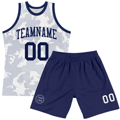 Custom White Navy Curve Lines Round Neck Sublimation Basketball Suit Jersey