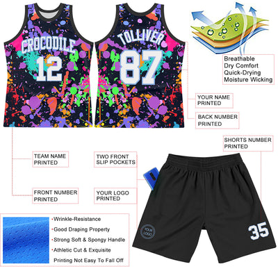 Custom Graffiti Pattern White Light Blue-Black Splash Round Neck Sublimation Basketball Suit Jersey
